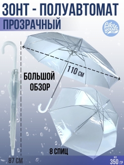 Отзыв на Зонт Трость, Полуавтоматический, Прозрачный, 110 см