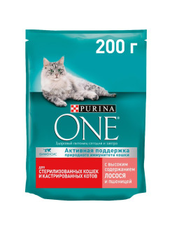 Отзыв на Сухой корм Purina ONE для стерилизованных кошек и кастрированных котов, с лососем и пшеницей, 200 г