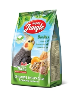 Отзыв на Корм для попугаев средних при линьке HAPPY JUNGLE 500 г семена фрукты минералы для птиц