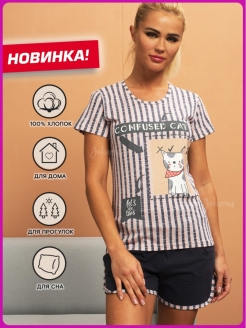 Отзыв на Пижама женская с шортами хлопок для дома костюм футболка комплект подарок летний девочке девушке