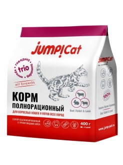 Отзыв на Сухой корм для кошек JUMP CAT TRIO ADULT джамп со вкусом говядины, кролик и баранина, 0,4 кг.